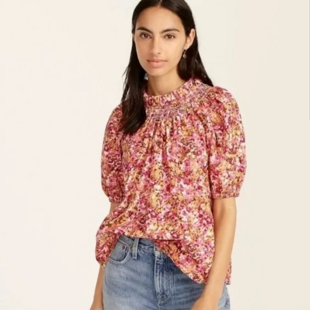 J Crew smocked puff sleeve blouse. Never worn. Excellent condition. Size M - Picture 1 of 4